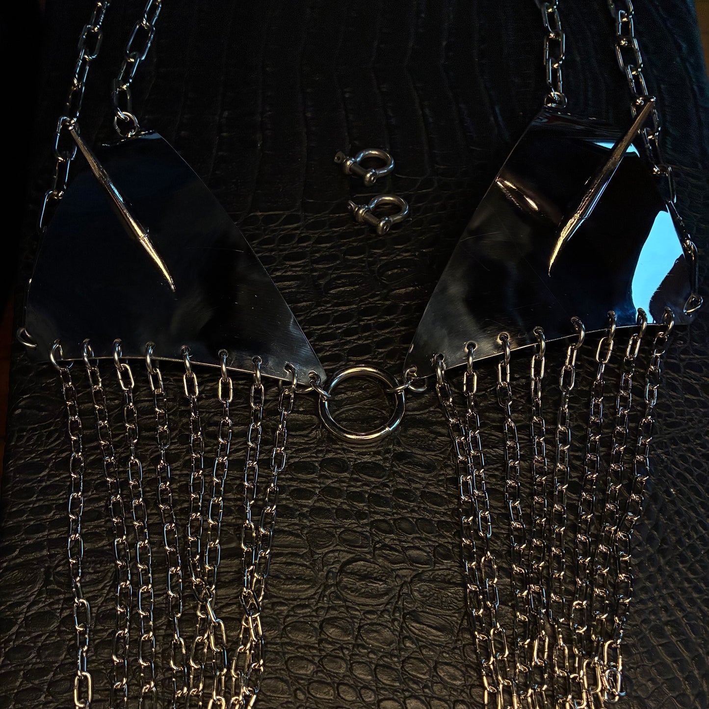 Fringed stainless steel bikini bra with chains and spikes