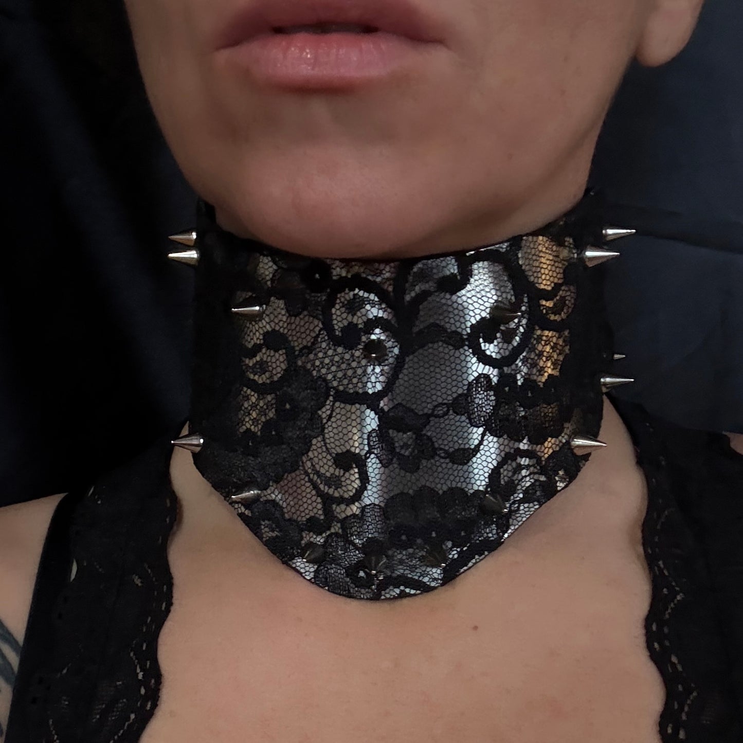 Lace Queen — Luxury Fetish Posture Collar in Stainless Steel, Lace & Spikes