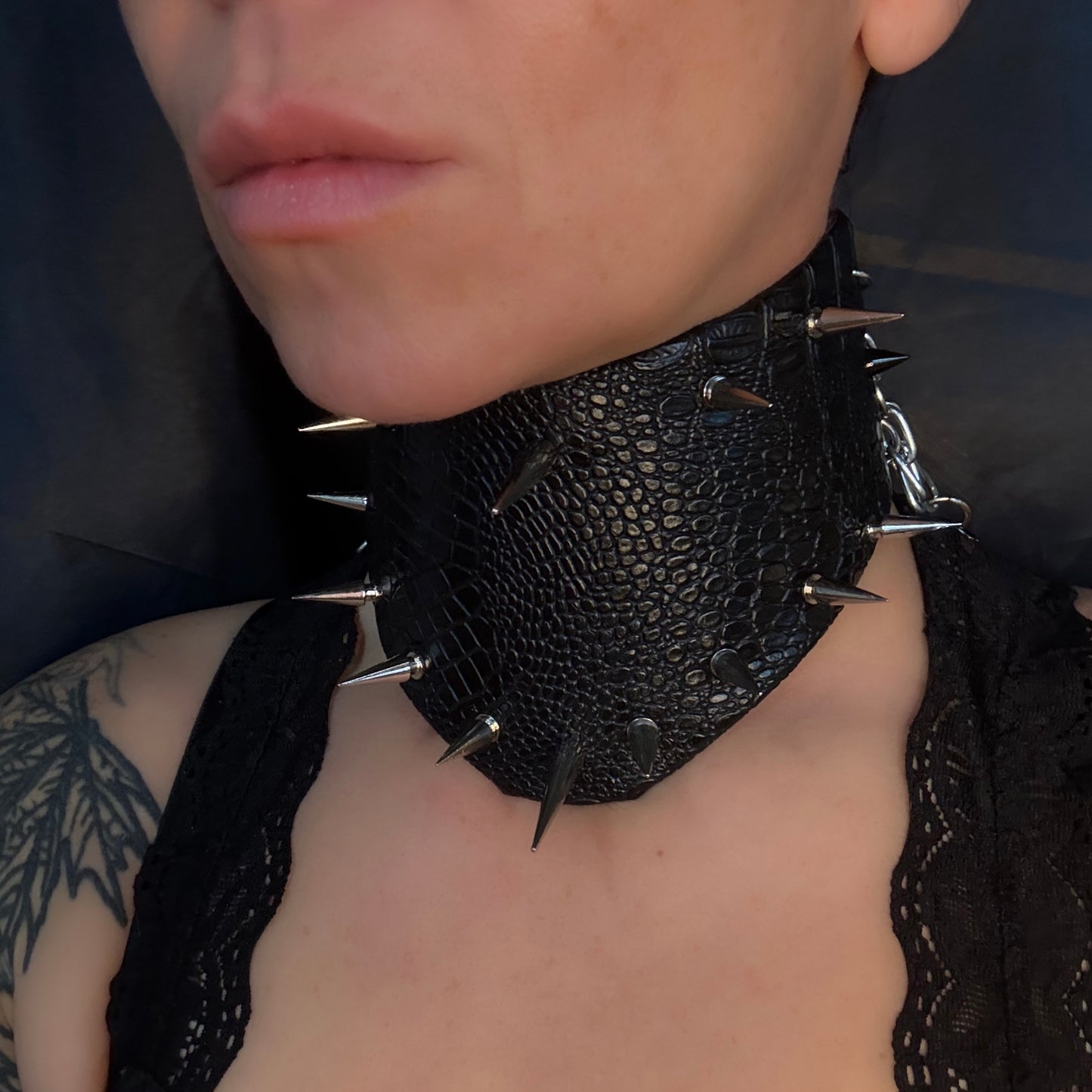 Leather Queen — Faux Croc Leather & Spike Posture Collar