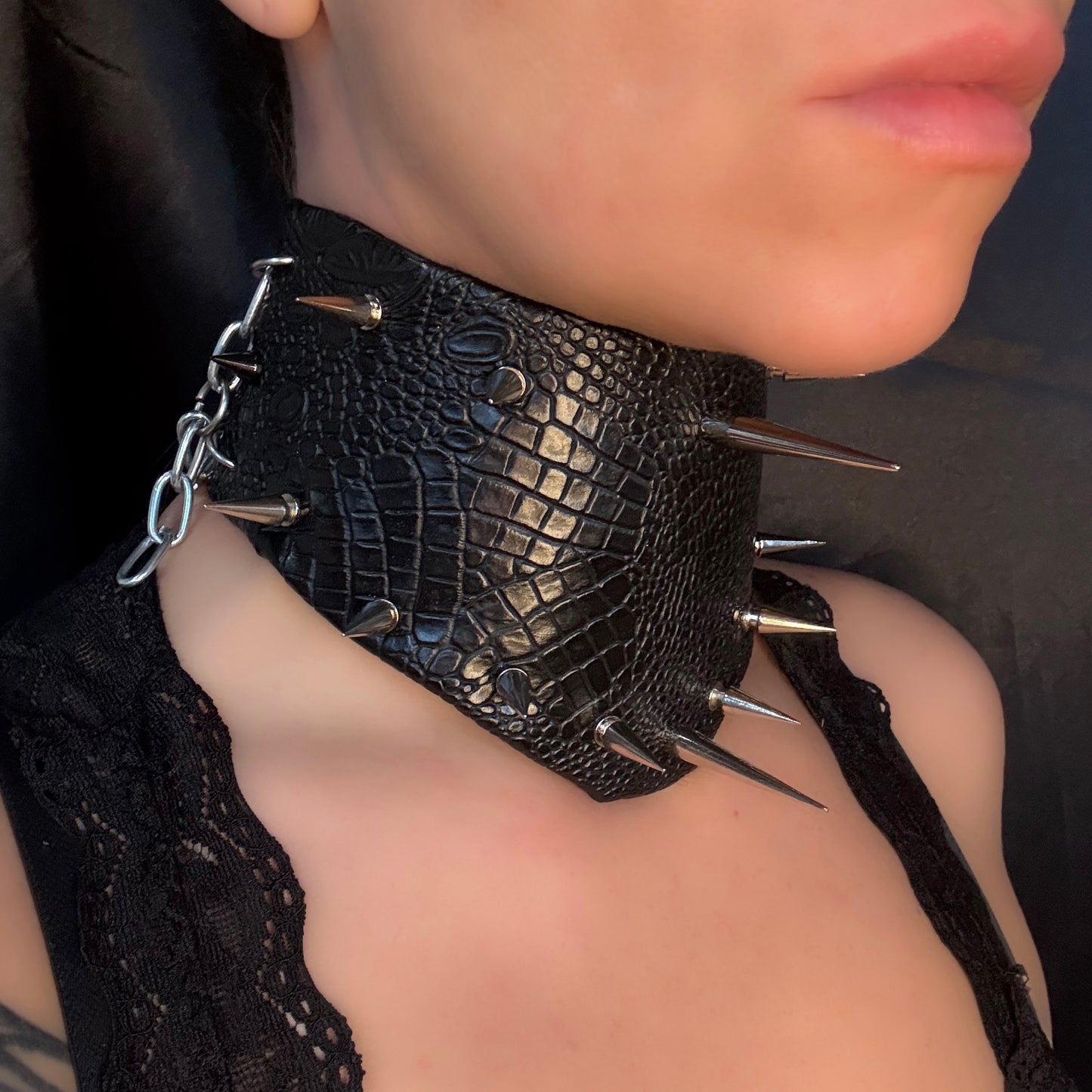 Leather Queen — Faux Croc Leather & Spike Posture Collar