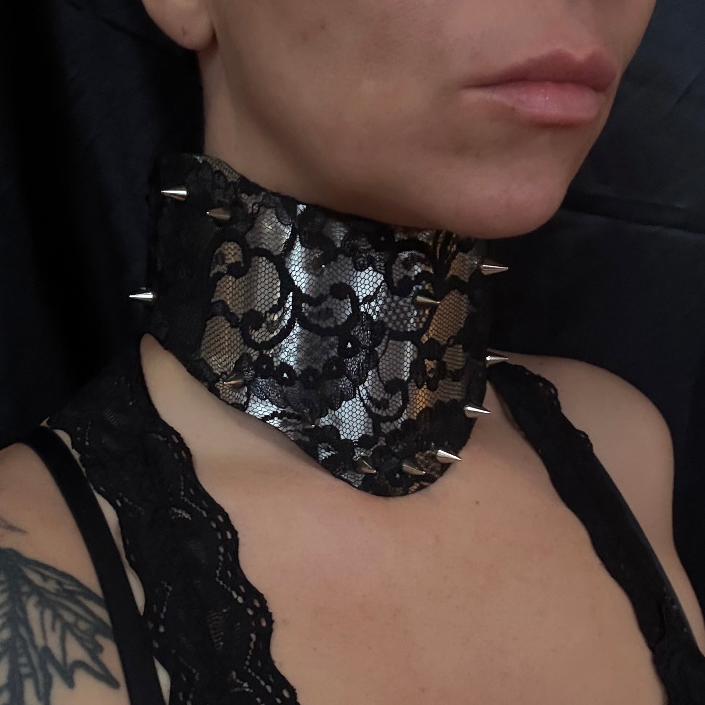 Lace Queen — Luxury Fetish Posture Collar in Stainless Steel, Lace & Spikes