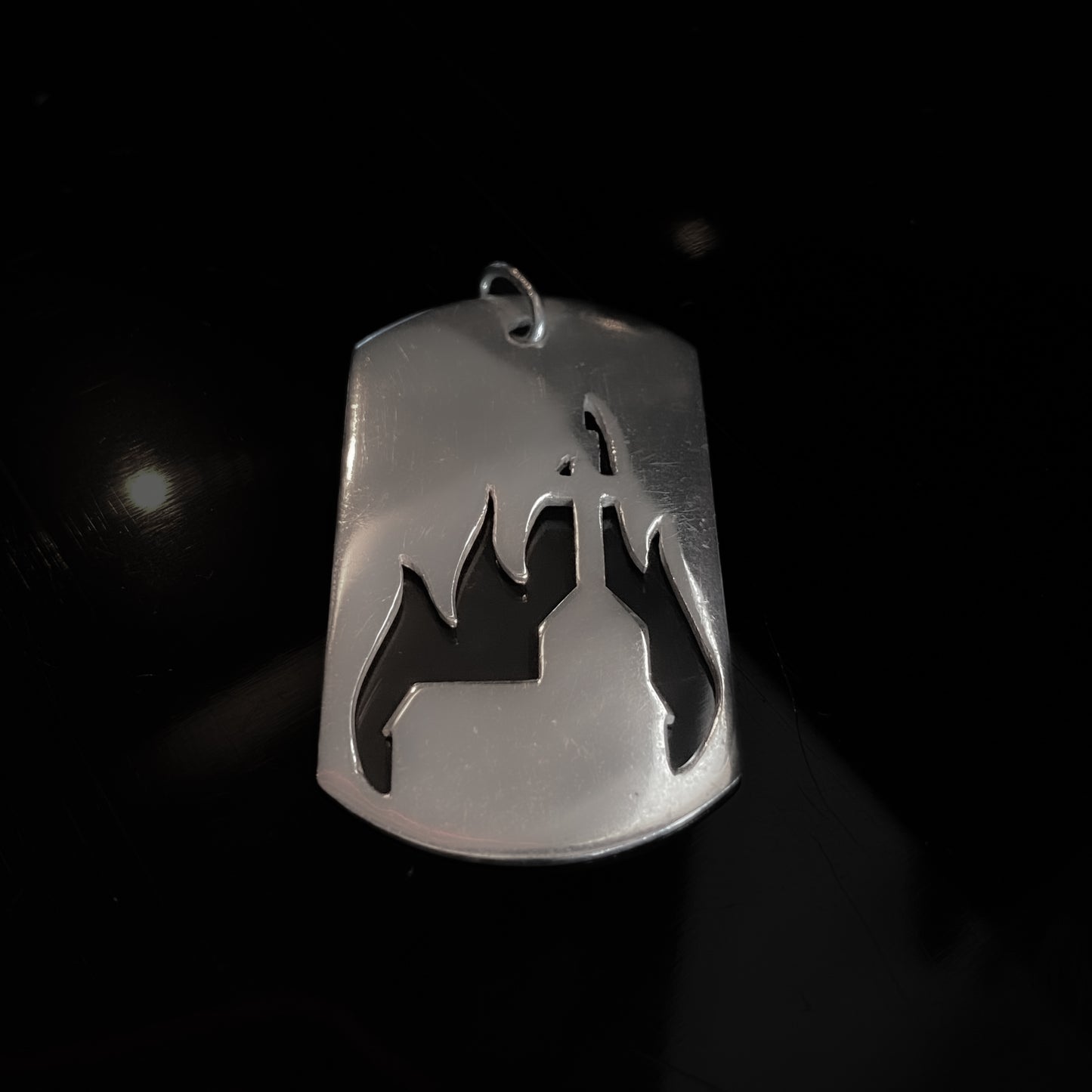 Black Metal - Burning church, cathedral in flames military tag pendant, silver