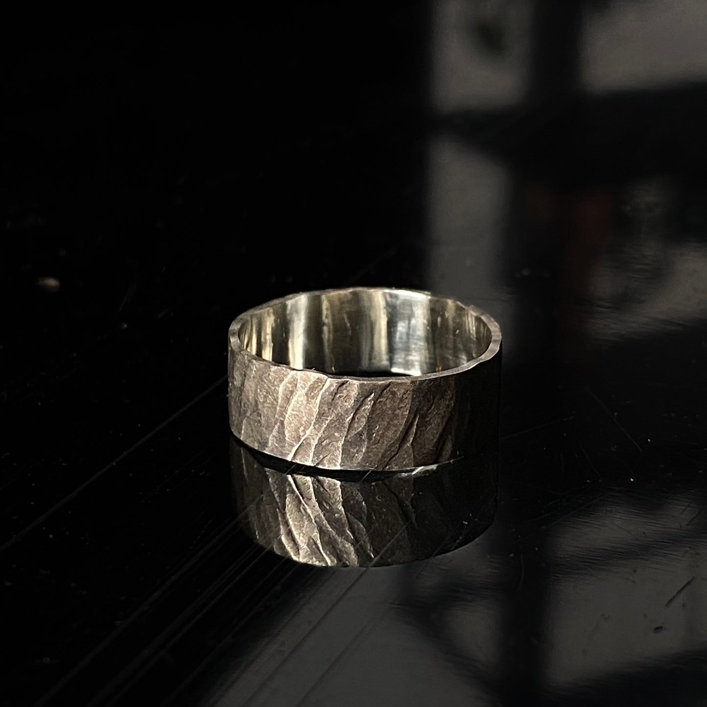 Storm - hammered oxidized silver band ring