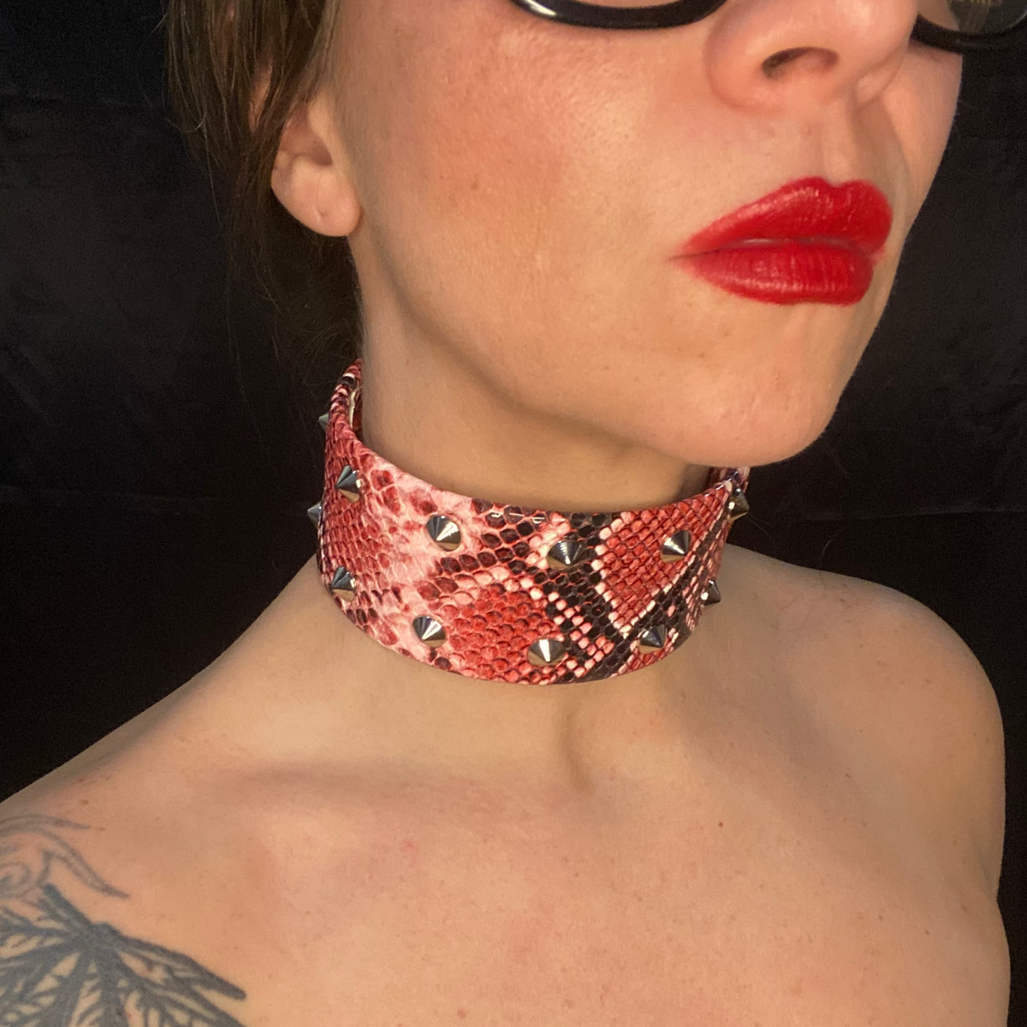 Fire snake skin studded neck collar - stainless steel, vegan leather