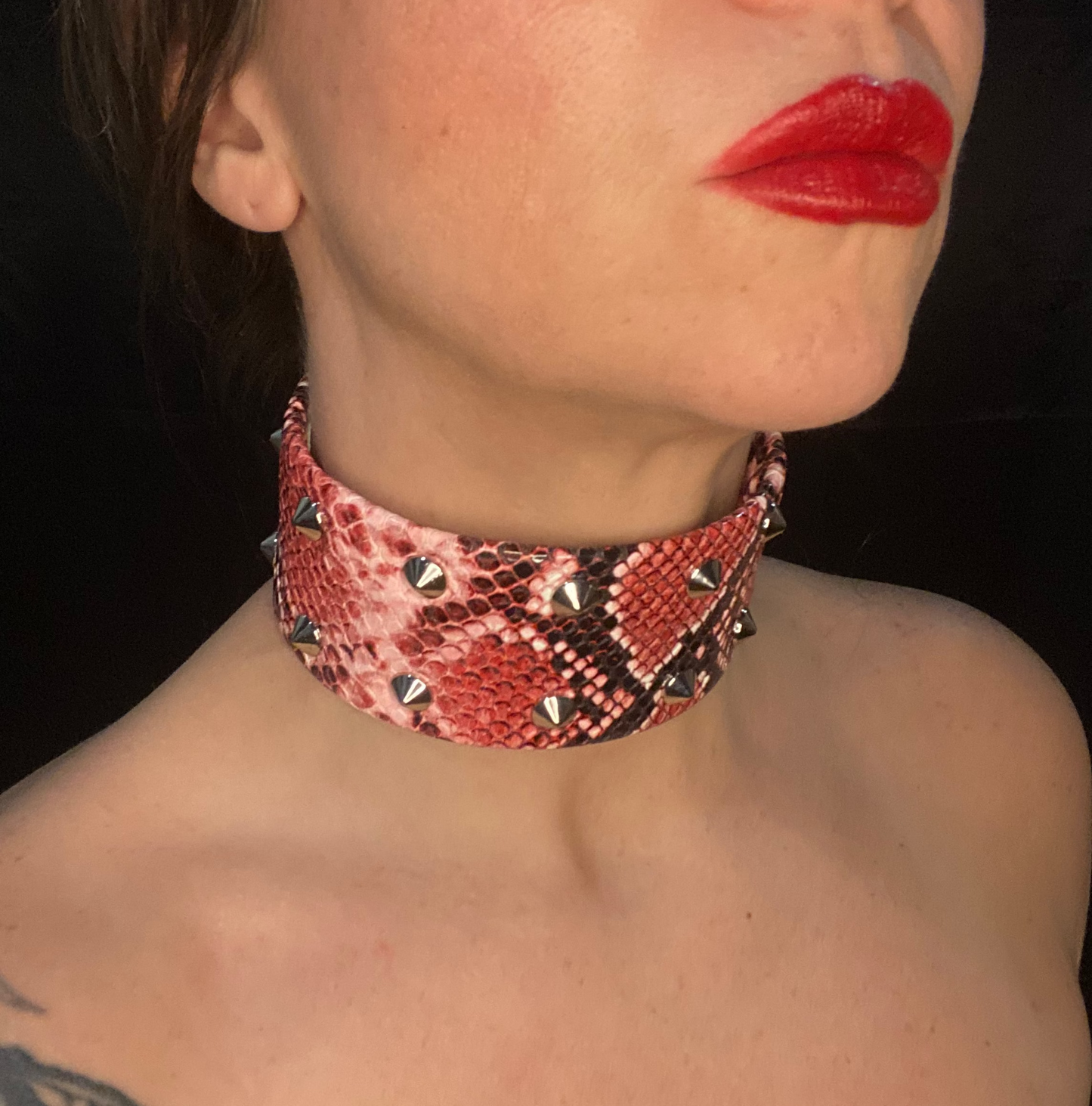 Fire snake skin studded neck collar - stainless steel, vegan leather