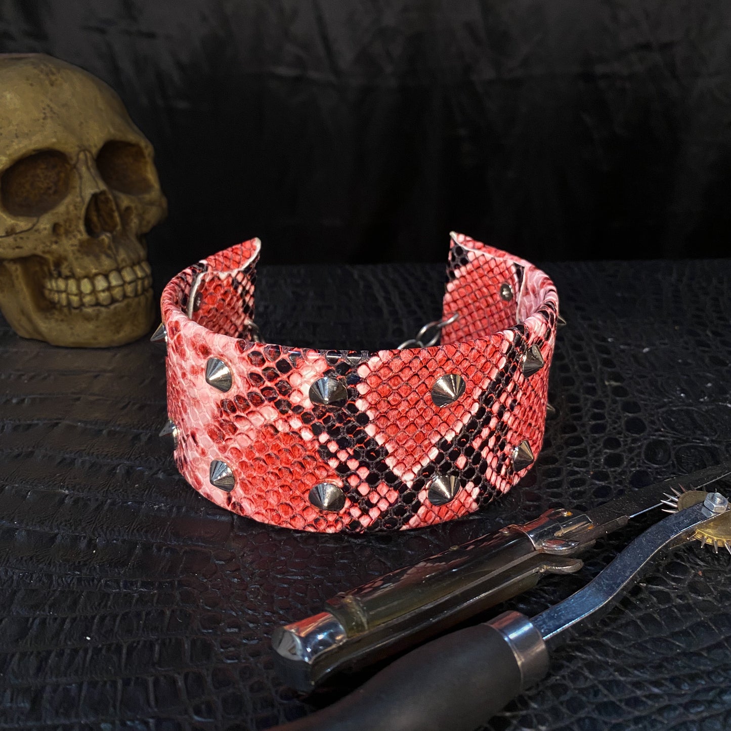 Fire snake skin studded neck collar - stainless steel, vegan leather