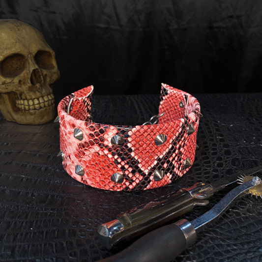 Fire snake skin studded neck collar - stainless steel, vegan leather