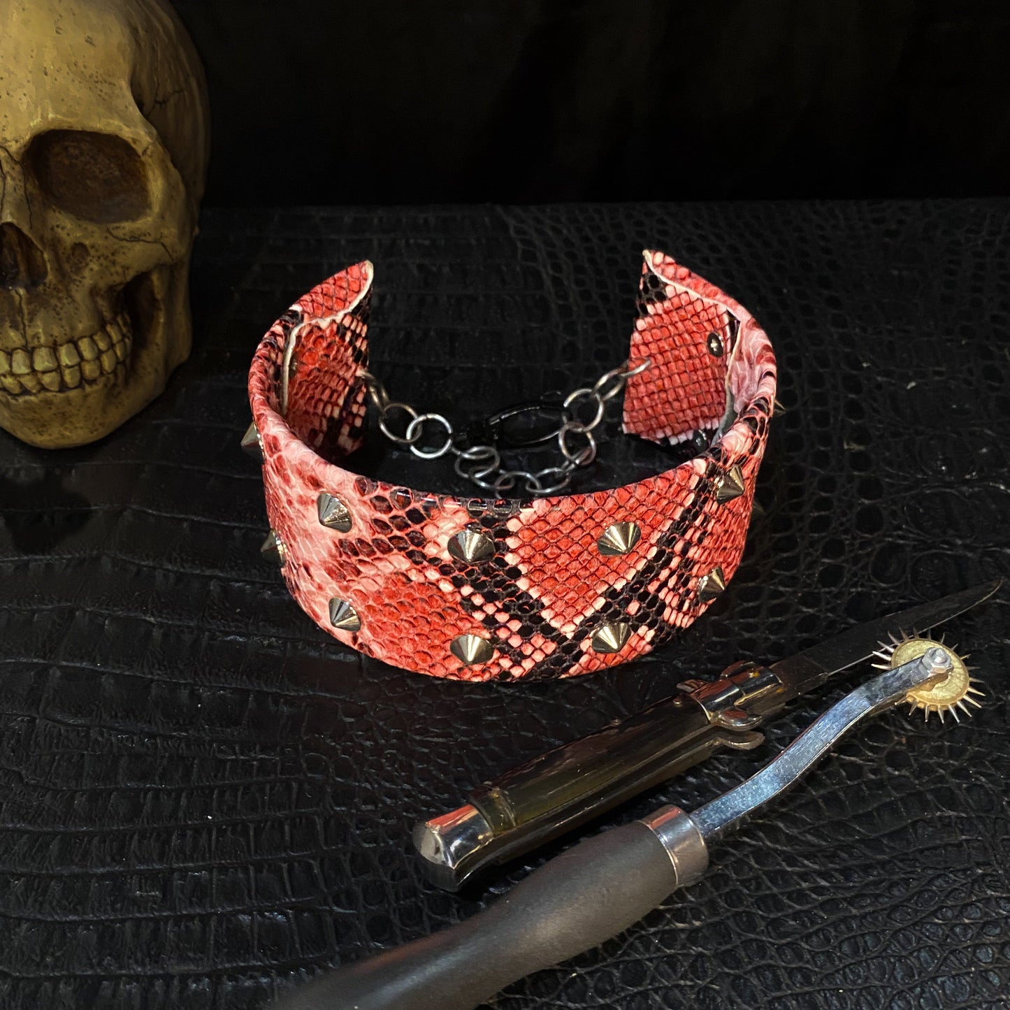 Fire snake skin studded neck collar - stainless steel, vegan leather