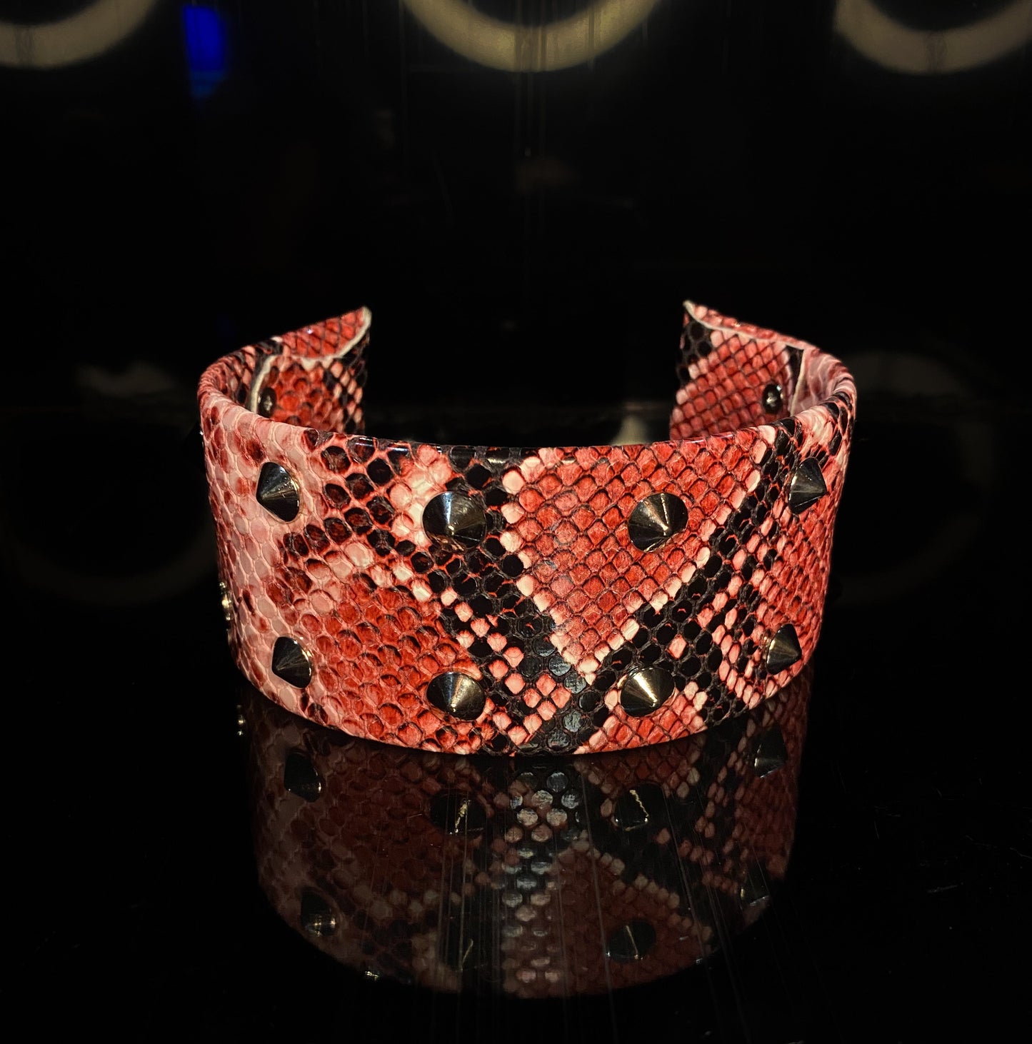 Fire snake skin studded neck collar - stainless steel, vegan leather