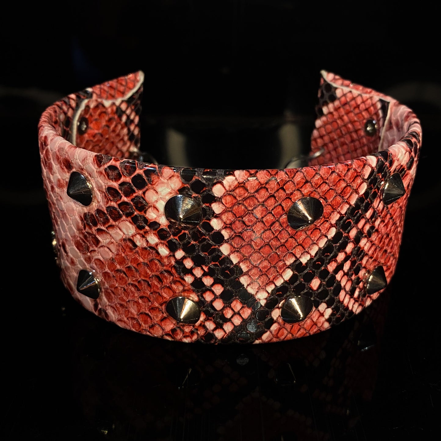 Fire snake skin studded neck collar - stainless steel, vegan leather