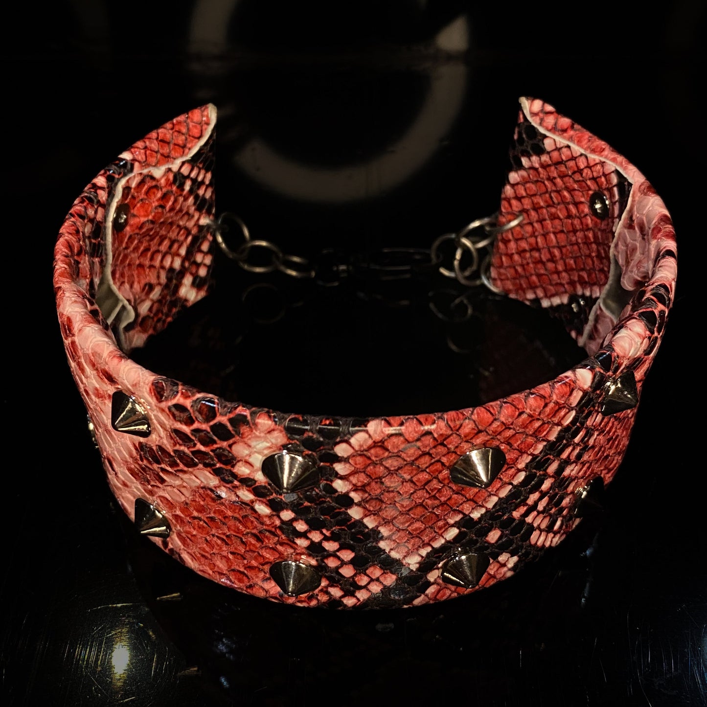 Fire snake skin studded neck collar - stainless steel, vegan leather