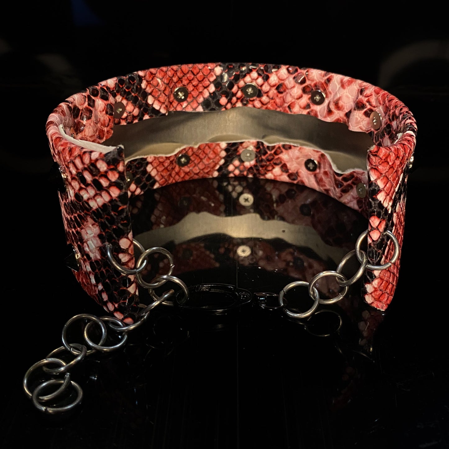 Fire snake skin studded neck collar - stainless steel, vegan leather