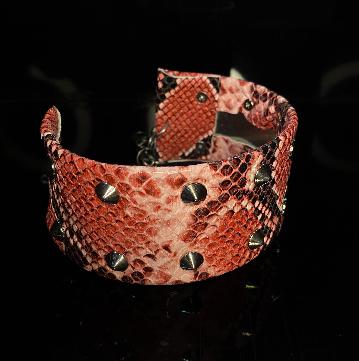 Fire snake skin studded neck collar - stainless steel, vegan leather