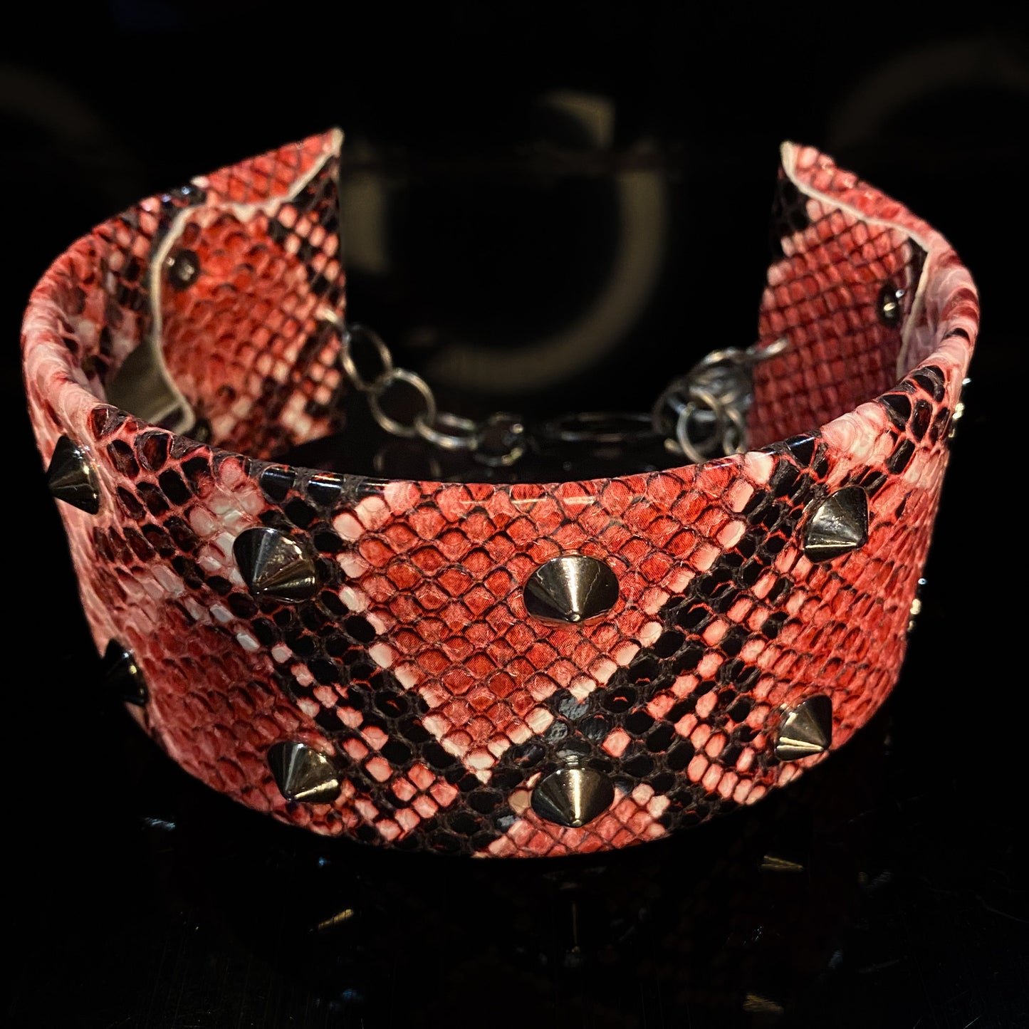 Fire snake skin studded neck collar - stainless steel, vegan leather