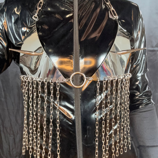 Fringed stainless steel bikini bra with chains and spikes