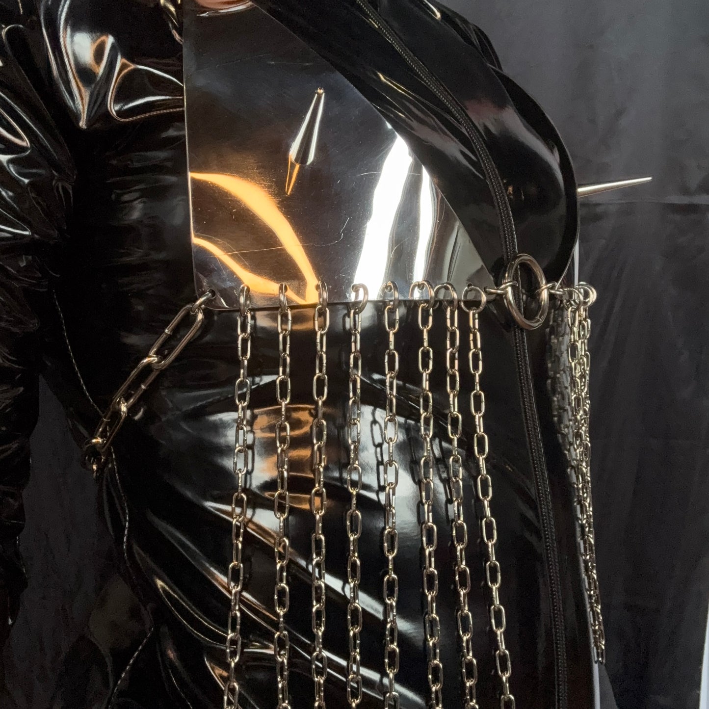 Fringed stainless steel bikini bra with chains and spikes