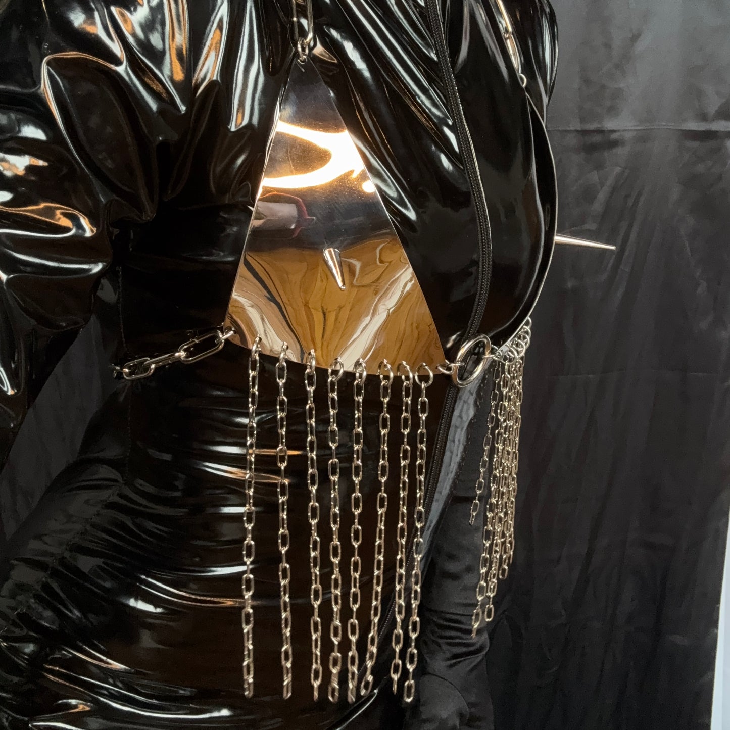 Fringed stainless steel bikini bra with chains and spikes