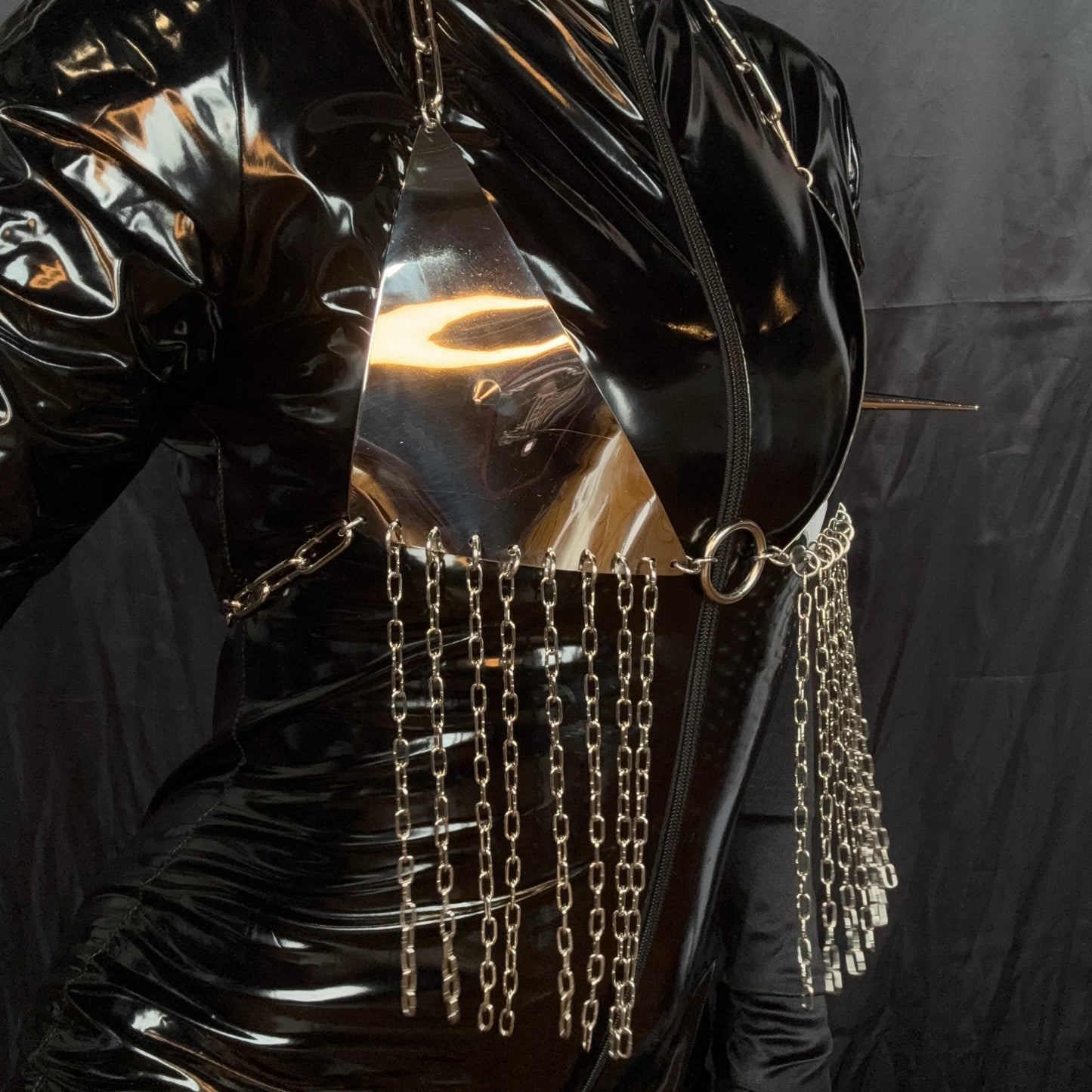 Fringed stainless steel bikini bra with chains and spikes
