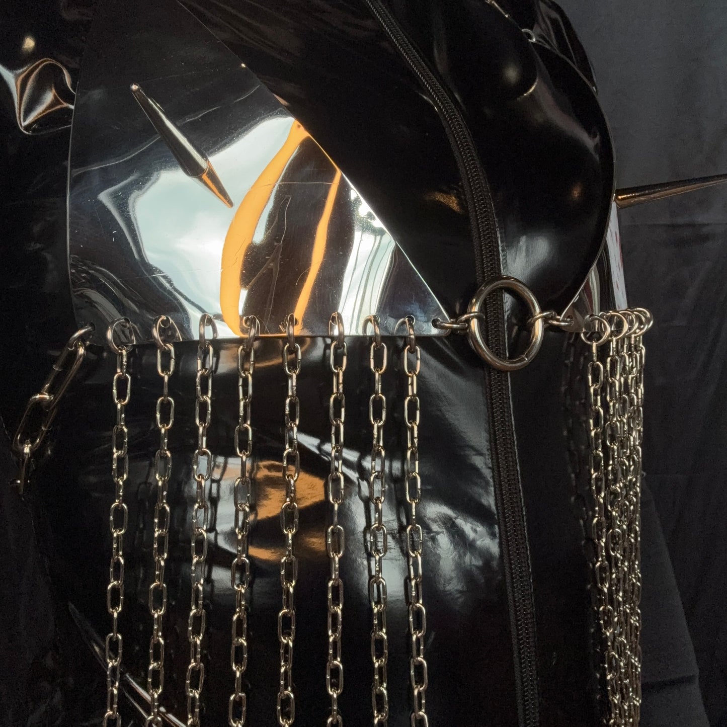 Fringed stainless steel bikini bra with chains and spikes
