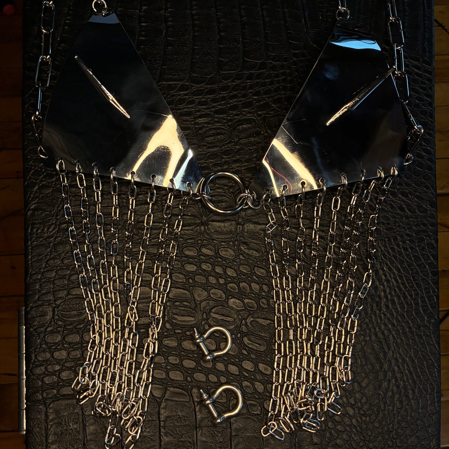 Fringed stainless steel bikini bra with chains and spikes