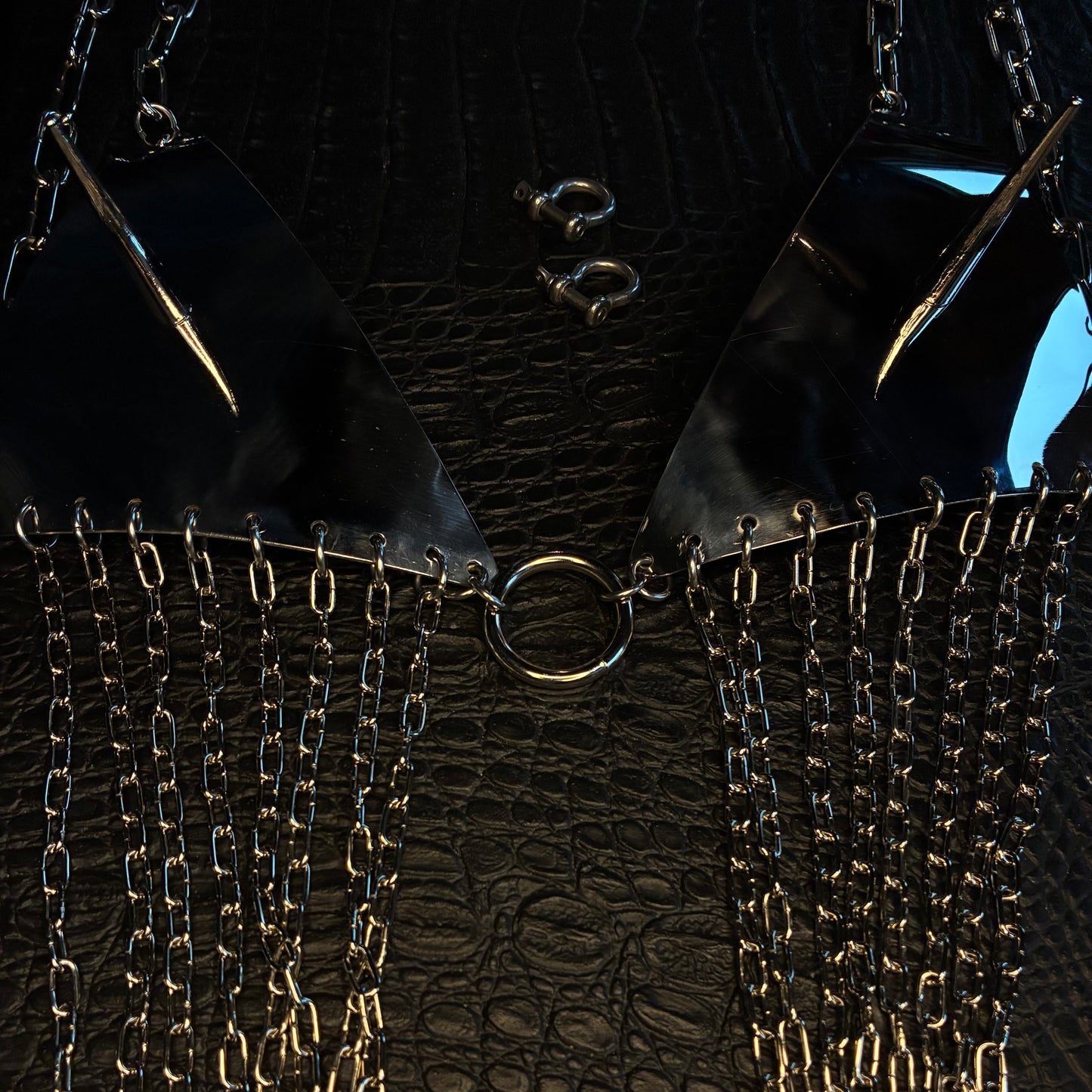 Fringed stainless steel bikini bra with chains and spikes